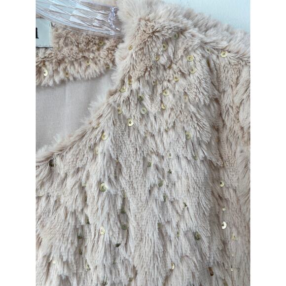 Y2K Faux Fur Bolero Jacket Sz L Forever 21 VTG Gold Sequin Cropped Penny Lane - Picture 3 of 8